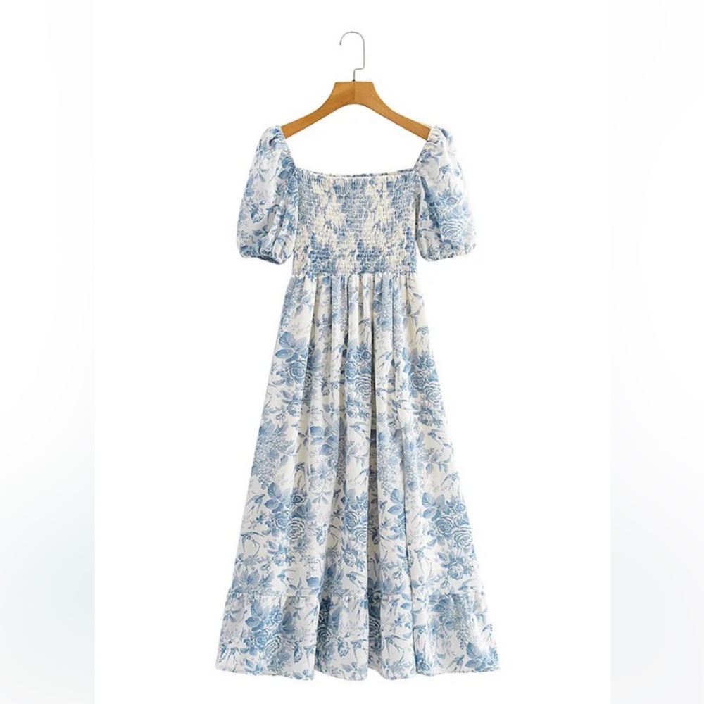 BLUE AND WHITE SMOCK MIDI DRESS